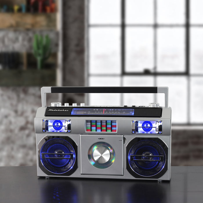 Studebaker 80's Retro Street Boombox with FM Radio, CD Player, LED EQ, 10 Watts RMS and AC/DC