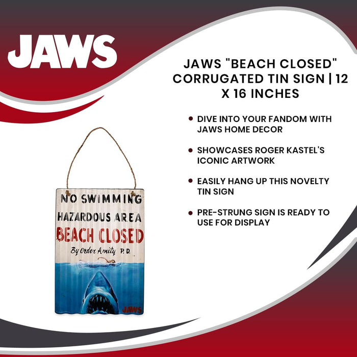 JAWS "Beach Closed" Corrugated Tin Sign | 12 x 16 Inches