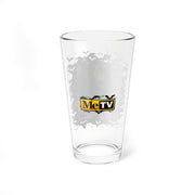 Back of the clear IMP pint glass showing a centered MeTV logo with the text 'MeTV' in black and yellow