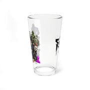 Side view of the Svengoolie pint glass showing a column of illustrated monster characters on one side and part of the Svengoolie logo on the other.