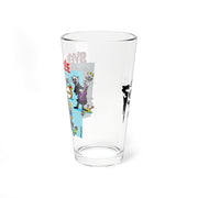 Side view of the pint glass showing Svengoolie Stomp monster artwork on one side and the black dripping Svengoolie logo on the other.