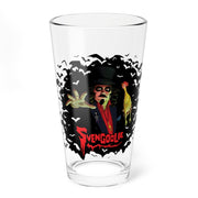 Clear pint glass featuring Svengoolie with a raised hand, a chicken, and bats, with the text 'Svengoolie' in red below the design.