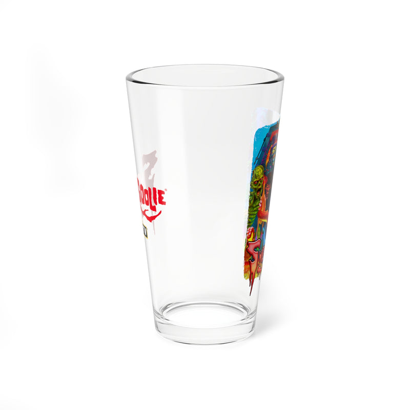 Left side of the Svengoolie pint glass showing the red Svengoolie logo, with a green monster from the illustration visible on the right.