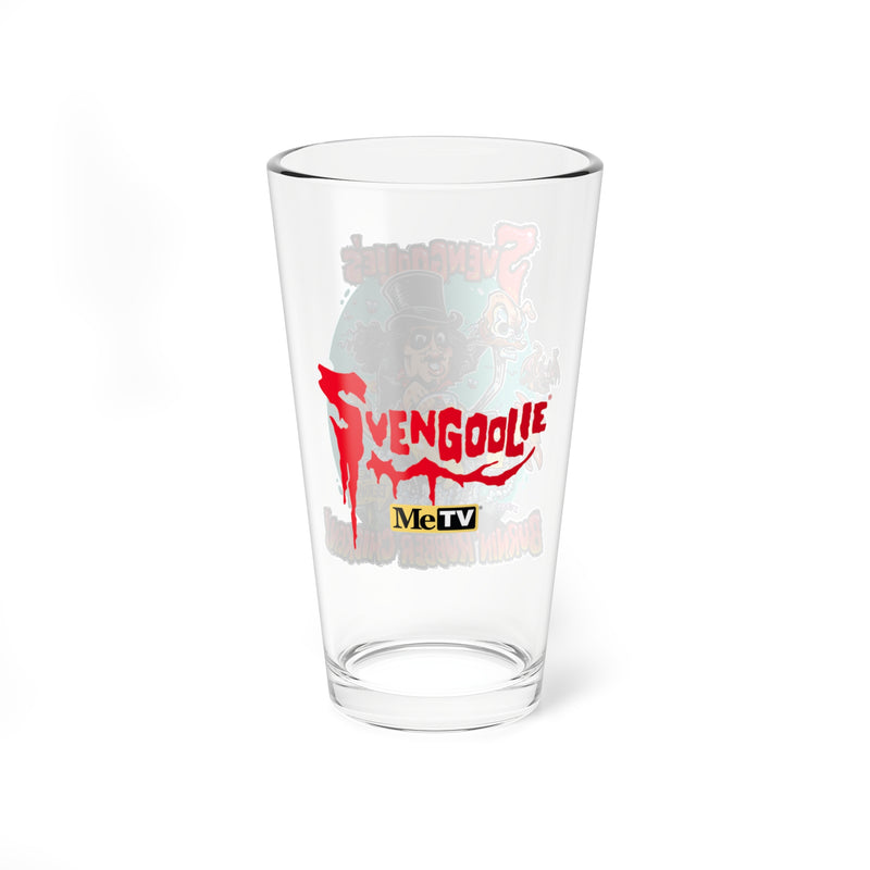 Back of the Burnin' Rubber Chicken pint glass featuring a red 'Svengoolie' logo with a yellow MeTV logo below it.