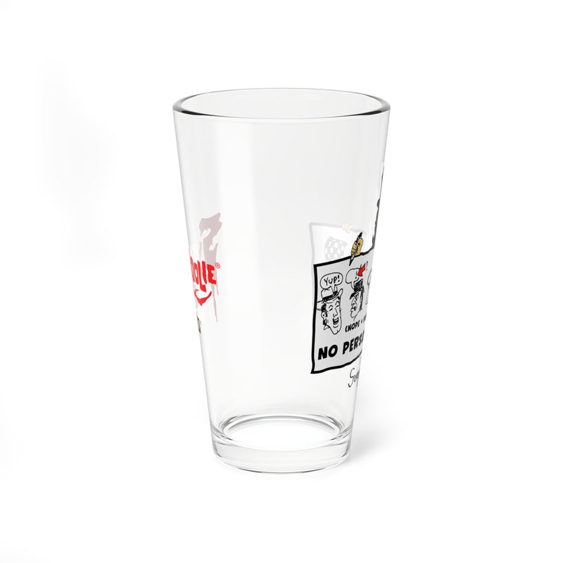Side view of the pint glass showing the cartoon sign on one side and the red dripping Svengoolie logo on the other.