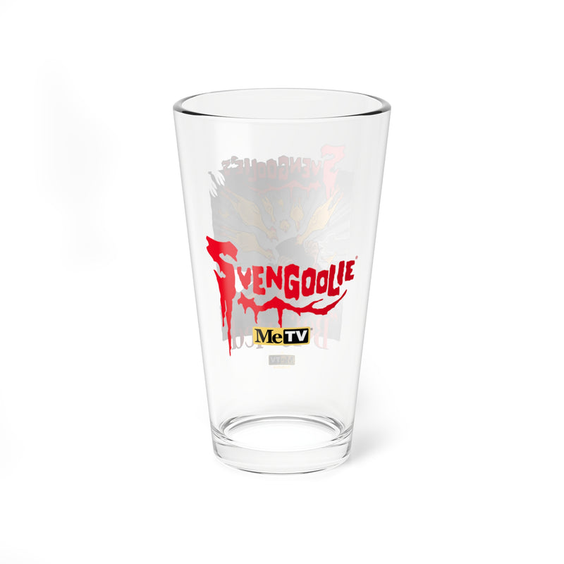 Back of the pint glass showing the red Svengoolie logo with the MeTV logo centered