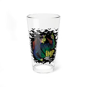 Clear pint glass featuring the IMP character surrounded by bats with the text 'IMP' in yellow above smaller white text below.