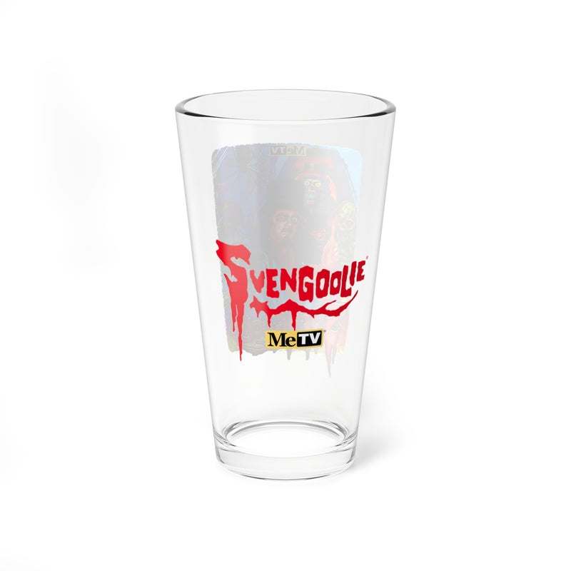 Back of the Svengoolie pint glass showing a faded monster illustration behind the red Svengoolie logo and yellow MeTV logo at the bottom.