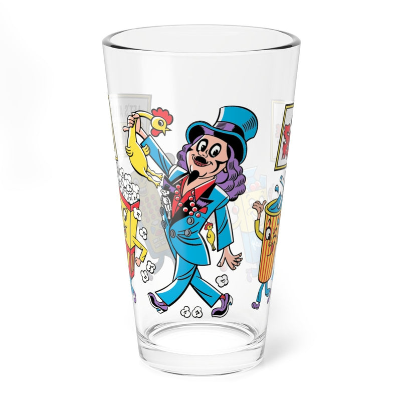 Clear pint glass featuring cartoon Svengoolie holding a rubber chicken, with popcorn box and soda cup characters around him.