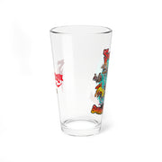 Opposite side view of the Svengoolie pint glass showing the red Svengoolie logo on one side and part of the cartoon design on the other.