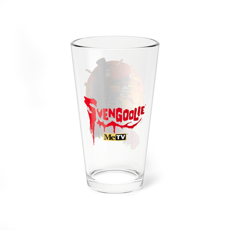 Back of the Svengoolie pint glass showing the red 'Svengoolie' logo with a yellow MeTV badge below it.