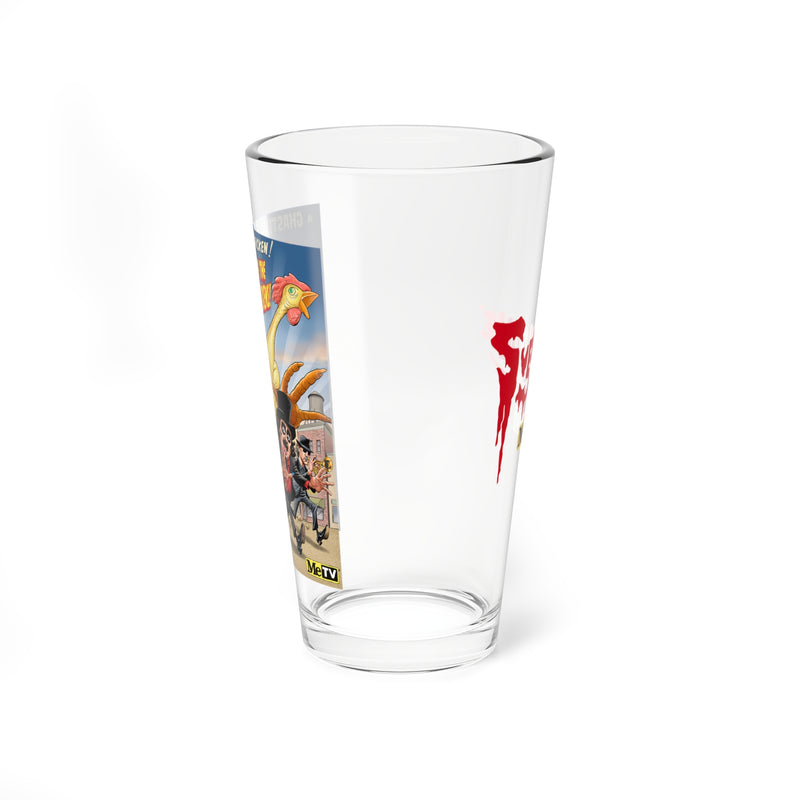 Side view of the clear pint glass showing the comic poster on one side and the red dripping Svengoolie logo on the other.