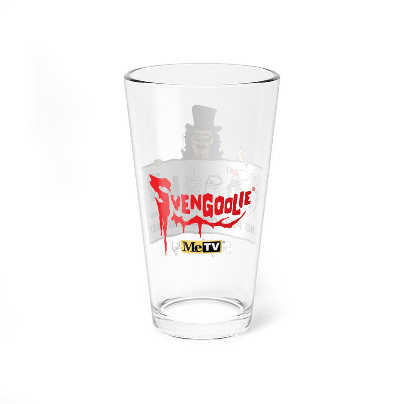 Back of the pint glass showing the red dripping 'Svengoolie' logo with the MeTV logo below it