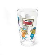 Back of Svengoolie pint glass showing a soda cup character holding a sign that reads 'AND WATCH SVENGOOLIE' beside a candy box character.