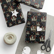 Two gift boxes wrapped in Svengoolie wrapping paper, one with a white star tag and one with a white heart tag, beside scissors and twine.