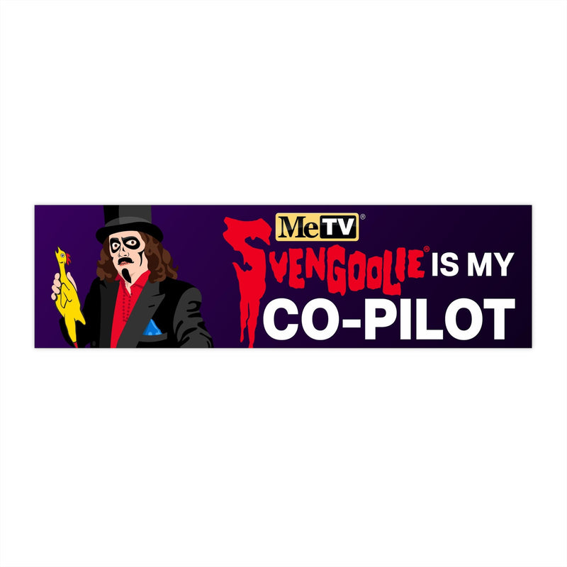 Purple bumper sticker featuring Svengoolie holding a yellow chicken with the text 'SVENGOOLIE IS MY CO-PILOT' in red and white at right.