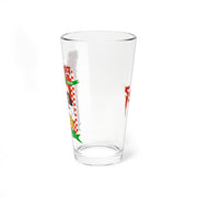 Left side of the clear Svengoolie pint glass showing the pizza ad graphic wrapping around the edge, with the chef figure partly visible