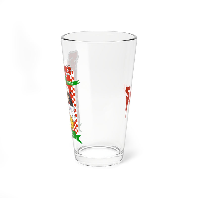 Left side of the clear Svengoolie pint glass showing the pizza ad graphic wrapping around the edge, with the chef figure partly visible