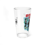 Side view of the Svengoolie pint glass showing a Gwengoolie in a black dress and a top-hatted figure beside the red Stomp title.