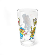 Opposite side of Svengoolie pint glass showing a candy box character beside a remote control character holding a 'LET'S ALL GO TO MeTV' sign.