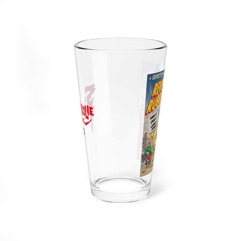 Reverse side of the Revenge of the Rubber Chickens pint glass showing the red Svengoolie logo on the left and the comic poster on the right.