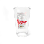 Back of the clear pint glass with the red dripping 'Svengoolie' logo and the MeTV logo centered below it.