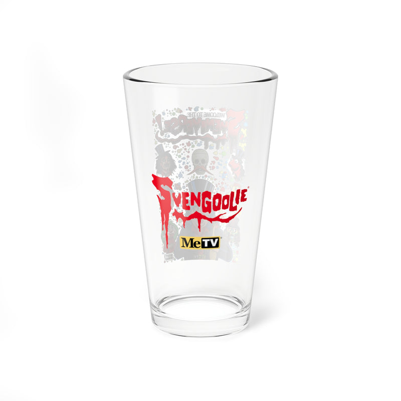 Back of the clear pint glass with the red dripping 'Svengoolie' logo and the MeTV logo centered below it.