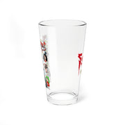 Side view of the clear pint glass showing the Sveniverse artwork wrapping onto the left edge, with a red dripping title on the right side.