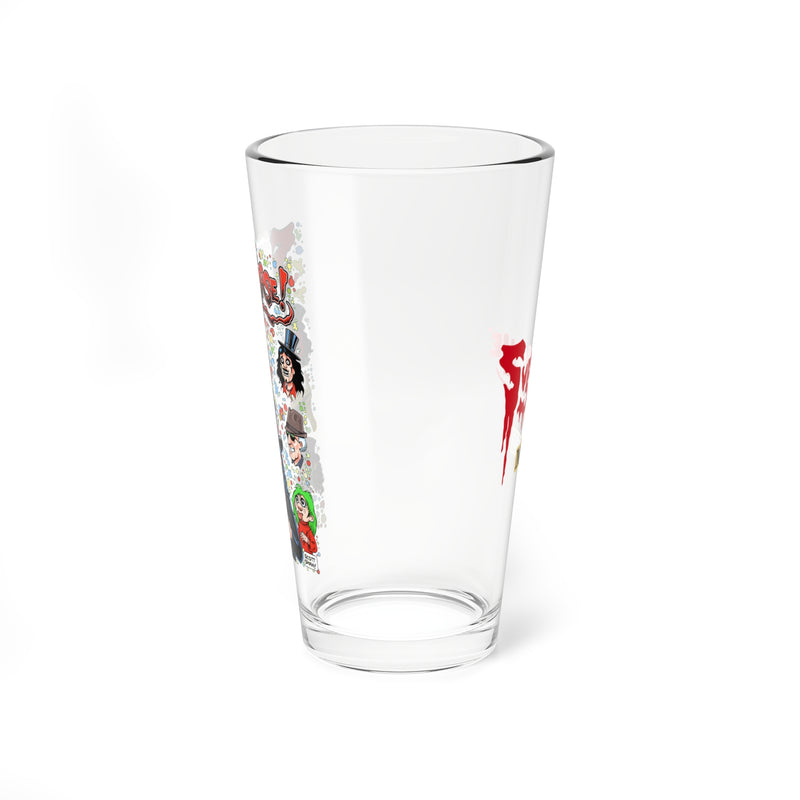 Side view of the clear pint glass showing the Sveniverse artwork wrapping onto the left edge, with a red dripping title on the right side.