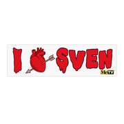 White bumper sticker featuring a red heart pierced by an arrow between red dripping letters with the text 'I' and 'SVEN' in red with a small MeTV logo in the lower right corner.