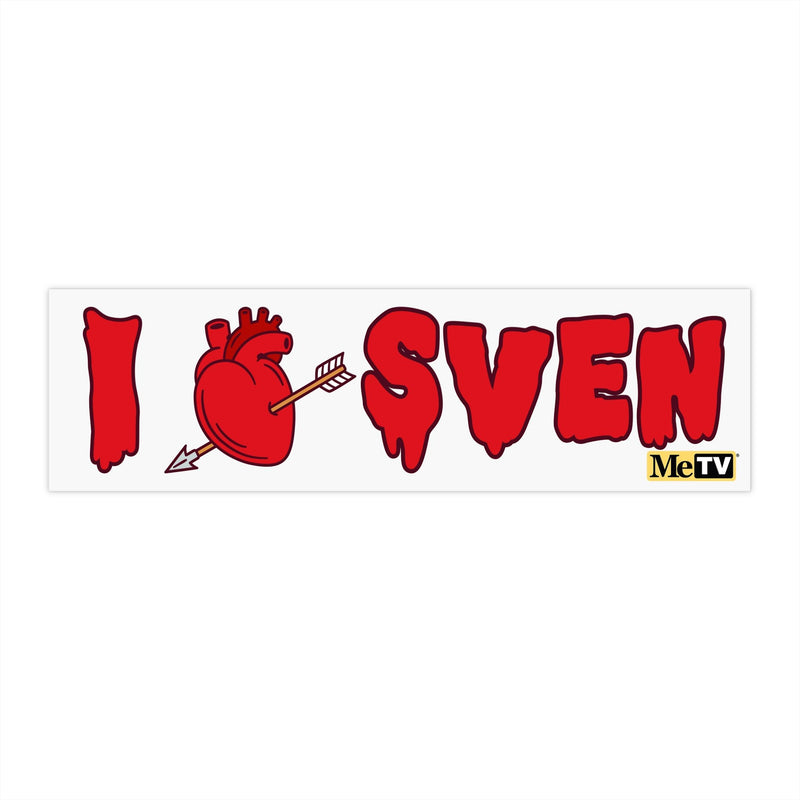 White bumper sticker featuring a red heart pierced by an arrow between red dripping letters with the text 'I' and 'SVEN' in red with a small MeTV logo in the lower right corner.