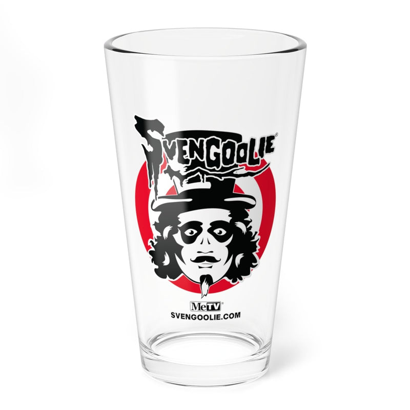 Clear pint glass featuring the Svengoolie face logo in a red circle with the text 'Svengoolie' in black above it.