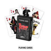 Svengoolie Playing Cards set, featuring a black box with red and white gothic-style artwork, surrounded by several illustrated playing cards including Joker, Queen, Jack, and King with character designs.