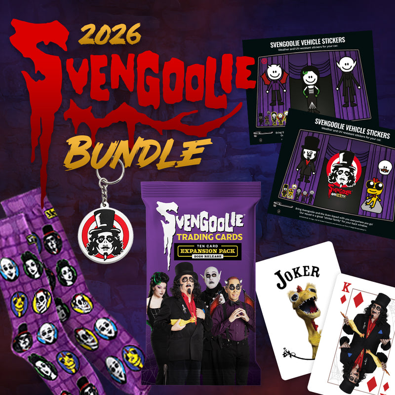 A promotional collage for a 2026 Svengoolie Bundle featuring a 2026 purple trading card expansion pack, a round keychain, a sheet of vehicle stickers, and two playing cards on a dark purple background with large red and gold text.
