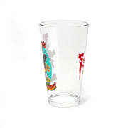 Side view of the Svengoolie pint glass showing the cartoon Burnin' Rubber Chicken design on one side and the red Svengoolie logo on the other.