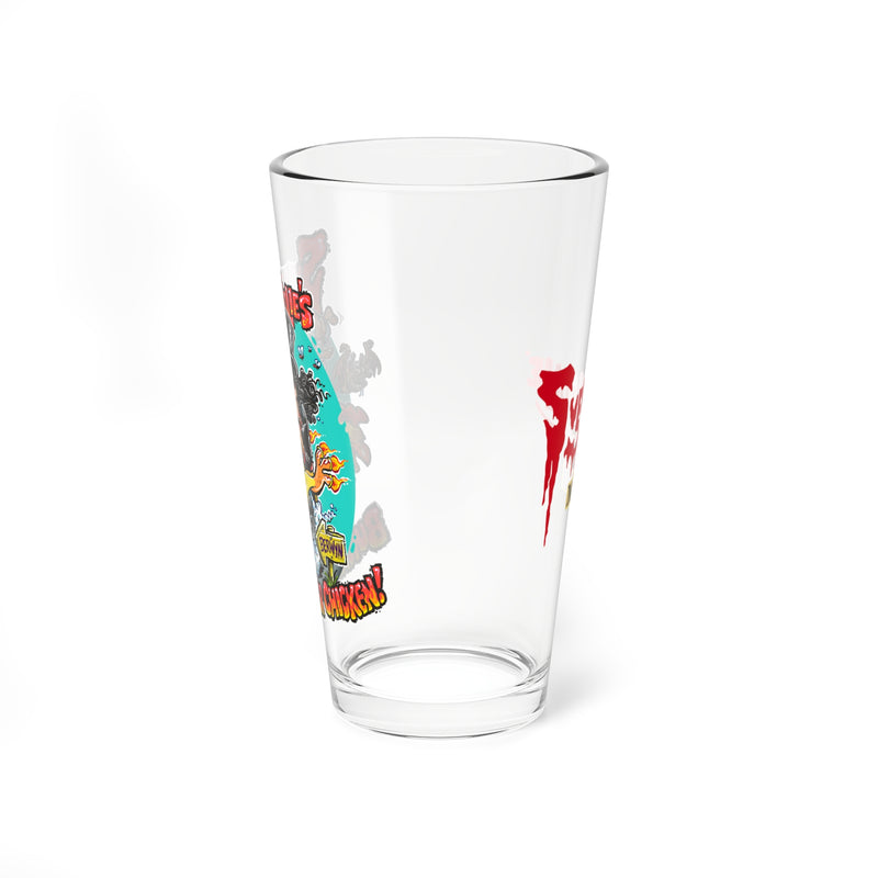 Side view of the Svengoolie pint glass showing the cartoon Burnin' Rubber Chicken design on one side and the red Svengoolie logo on the other.