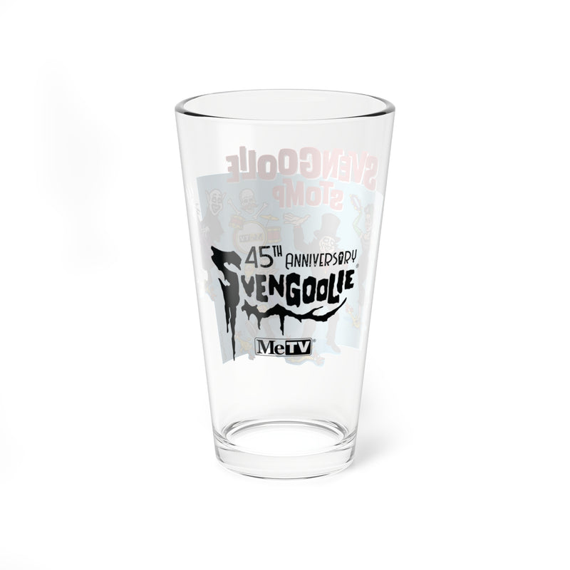 Back of the Svengoolie pint glass showing the black '45th Anniversary' Svengoolie logo with the MeTV logo below it.