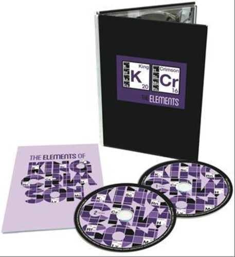 Angled view of black CD box set featuring a purple periodic table label with the text 'The Elements' in white, plus two CDs.