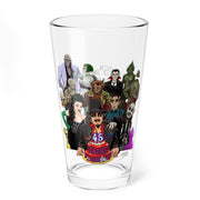 Clear pint glass featuring an illustration of Svengoolie holding a birthday cake with a candle reading 45, surrounded by classic monster characters.