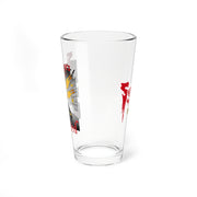 Side view of the Svengoolie's Befowled pint glass showing the chicken illustration wrapping around its left edge and the red Svengoolie logo on the right.