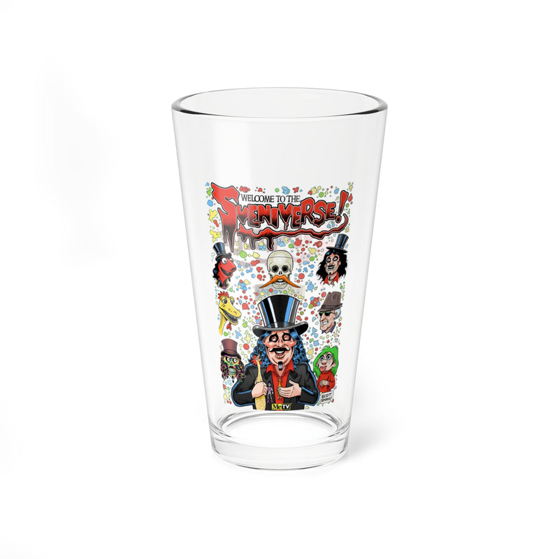 Clear pint glass featuring a cartoon of Svengoolie surrounded by Sven Squad characters with the text 'Welcome to the Sveniverse!' in red at the top.