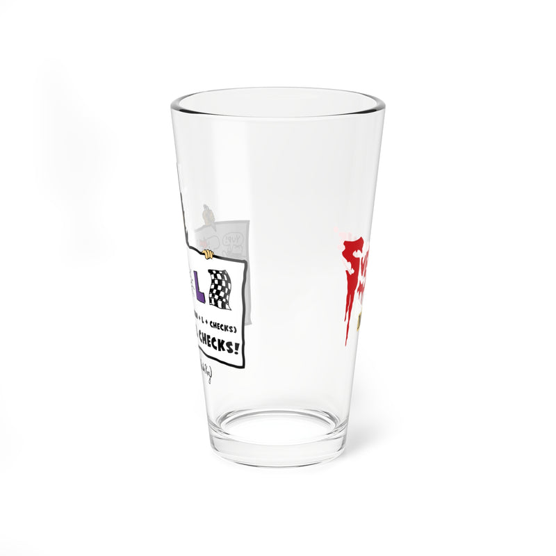 Side view of the pint glass showing the cartoon sign on one side and the red dripping Svengoolie logo on the other.
