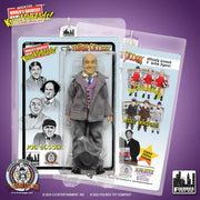 Front view of gray pinstripe Joe Besser action figure in clear package with the text 'The Three Stooges' in red on the card's top left.
