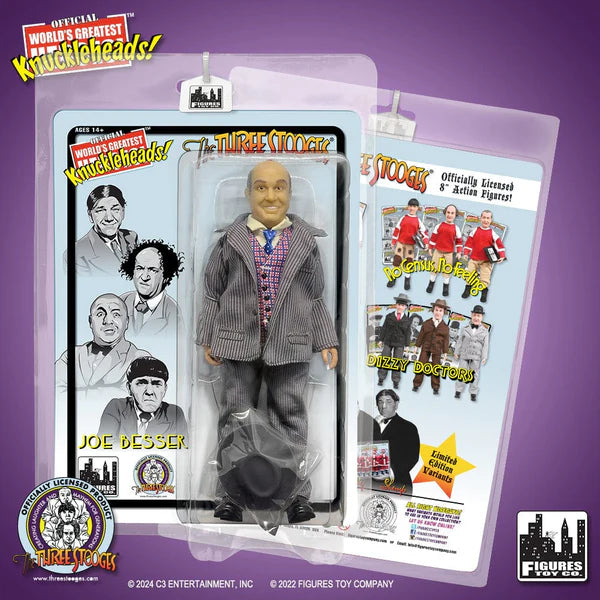 Front view of gray pinstripe Joe Besser action figure in clear package with the text 'The Three Stooges' in red on the card's top left.