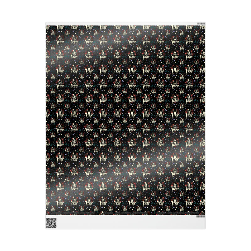 Flat sheet of Svengoolie wrapping paper showing the full repeating pattern of face logos, bats, and holly on black.