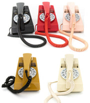 Five retro trim phones in black, red, peach, mustard, and cream shown side by side to compare color options