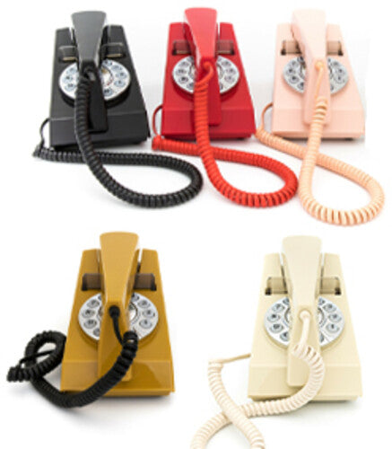 Five retro trim phones in black, red, peach, mustard, and cream shown side by side to compare color options
