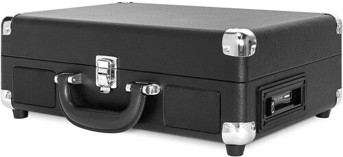 Closed black Victrola suitcase record player showing the carry handle, metal latches, and cassette deck on the side.