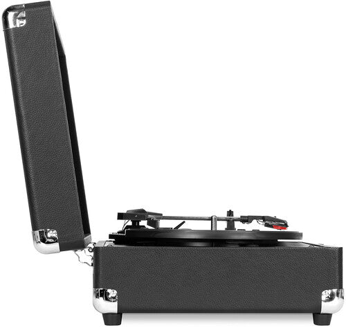 Left side view of the black Victrola record player with its lid standing upright, showing the platter and tonearm on the vinyl record.