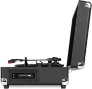 Right side view of the open black Victrola record player showing the raised lid, tonearm, and cassette deck with an AUTO STOP label.